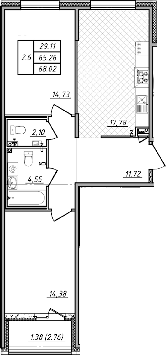 2-комнатная квартира 65.26 м², 2/13 эт., ЖК «Чёрная речка»